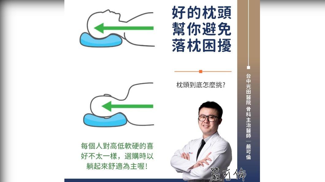 骨科醫師教如何選擇適合自己的枕頭。(圖/翻攝自《有溫度的嘮叨 台中光田骨科 嚴可倫醫師 脊椎關節骨鬆專業 - 骨筋中外》臉書)