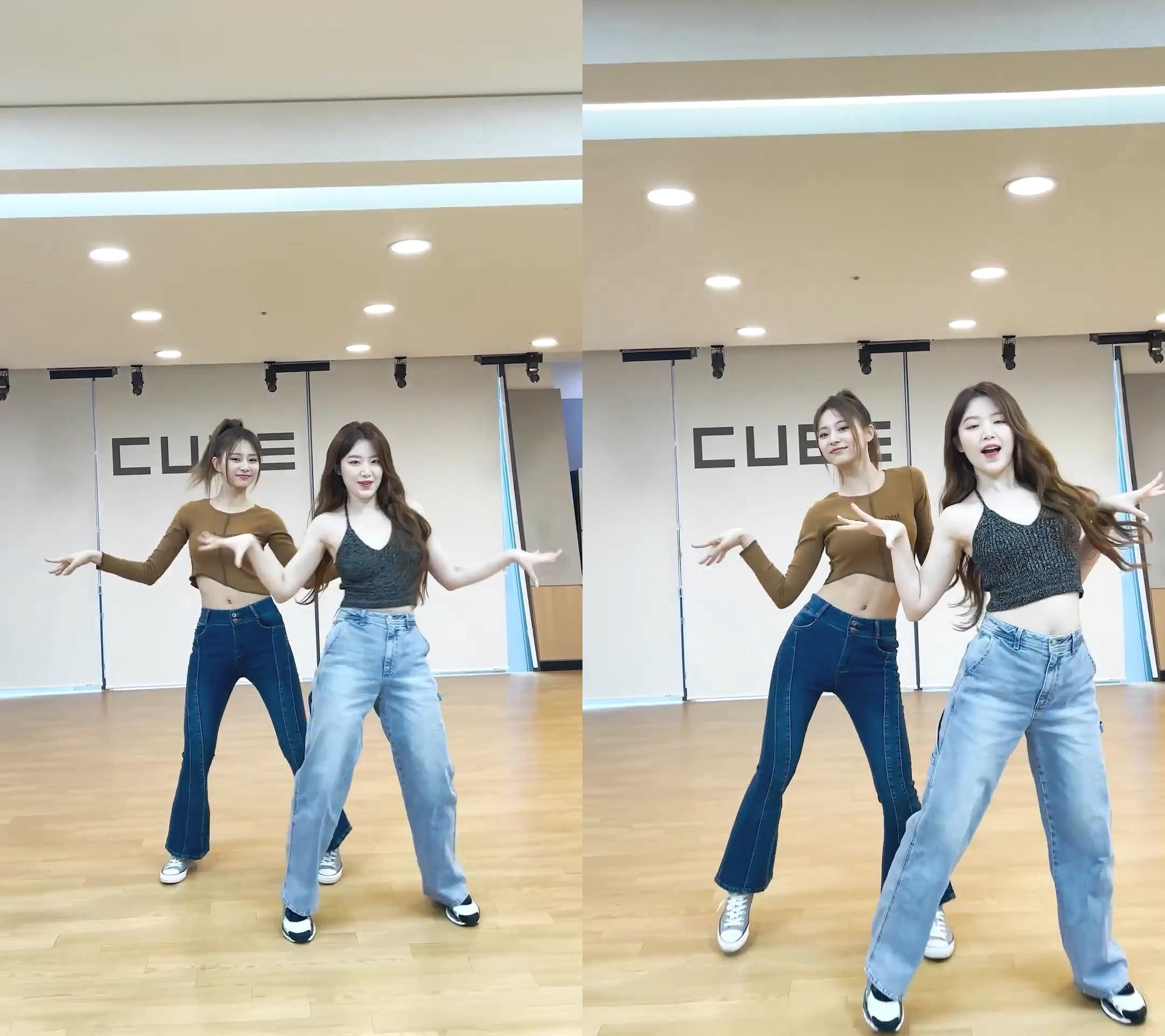 子瑜辣露蠻腰,舒華也穿著性感小可愛。(圖/翻攝自(G)I-DLE IG)