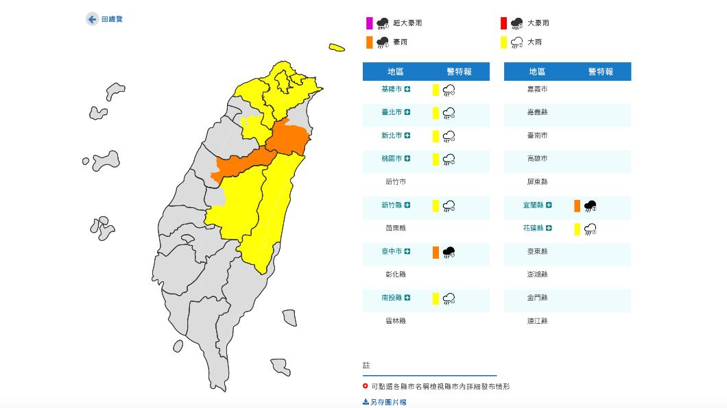 氣象局也再擴大豪雨、大雨特報。（圖／氣象局）