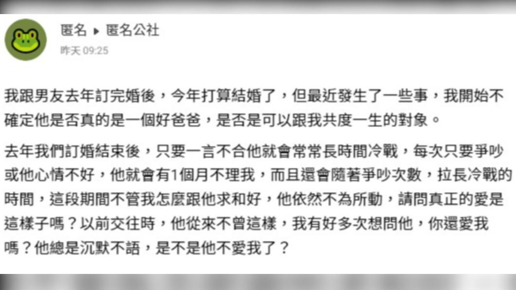 網友質疑未婚夫是不是不愛她了。（圖／翻攝自匿名公社）