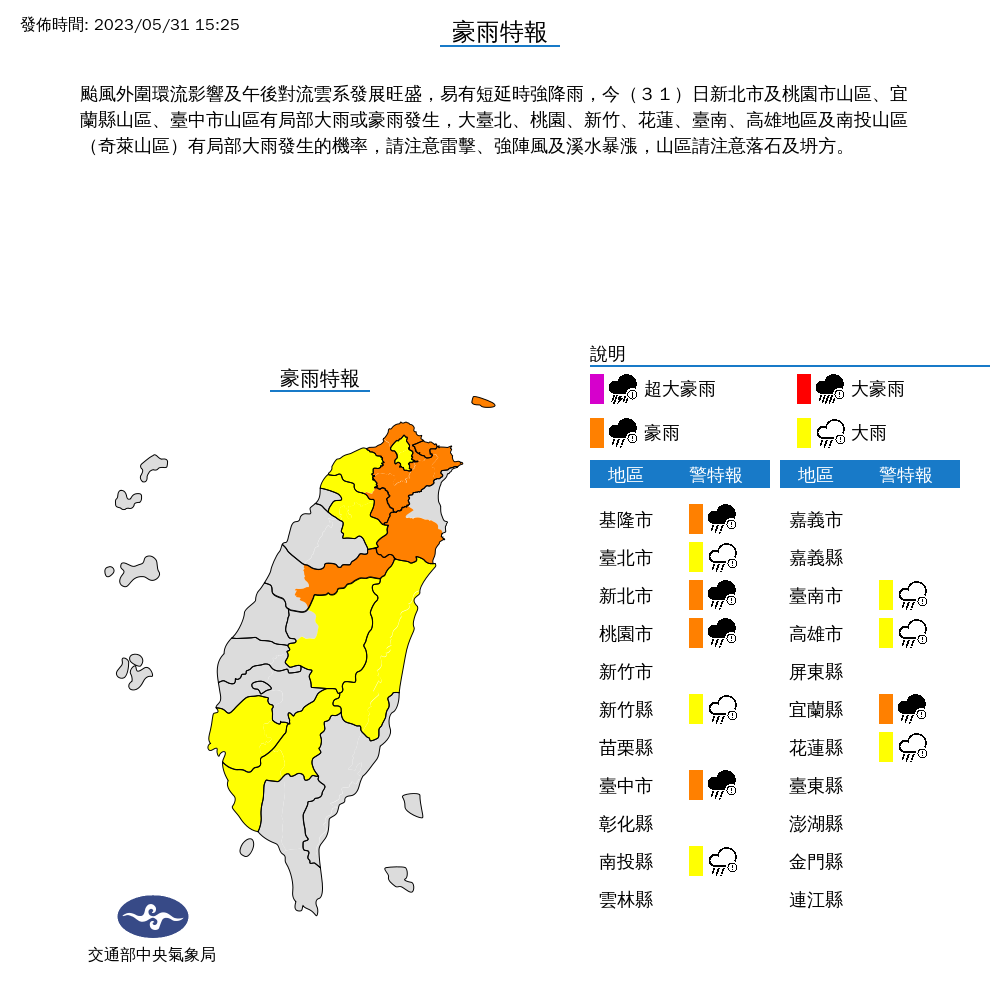 11縣市豪大雨特報。(圖/翻攝自中央氣象局官網)