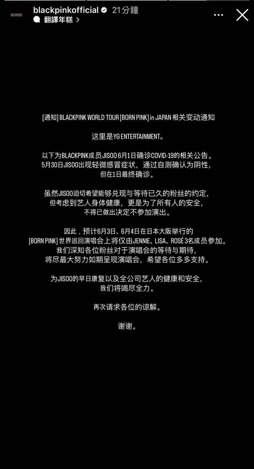 BLACKPINK官方證實Jisoo不會參與日本演唱會。(圖/翻攝自IG)