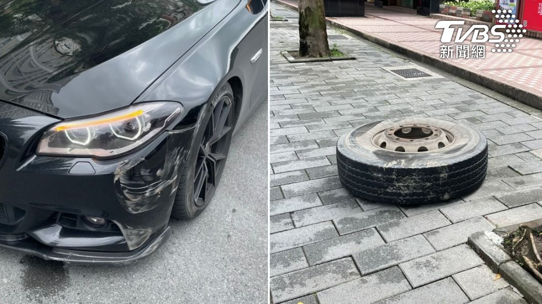 BMW轎車撞上脫落輪胎，導致鈑金被刮花。（圖／TVBS）