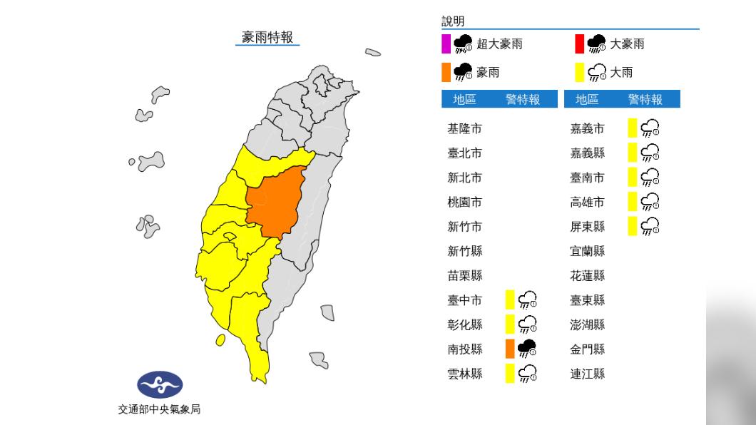 今午後對流發展旺盛 中南部9縣市發布豪大雨特報