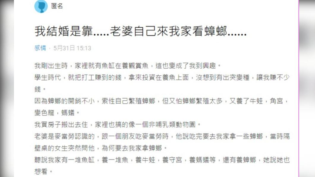 網友因養蟑螂吸引老婆注意。(圖/翻攝自Dcard)
