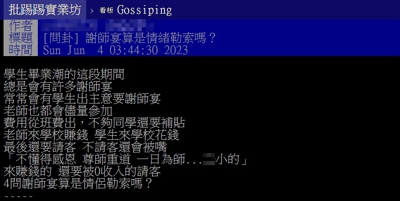 網友相當不理解謝師宴的意義。(圖/翻攝自批踢踢)