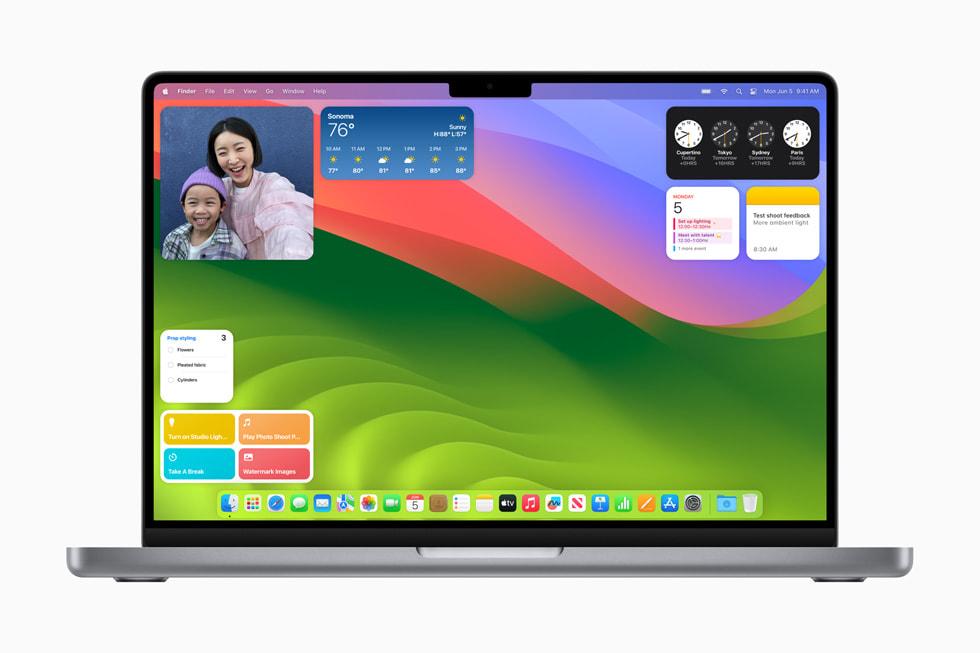 macOS Sonoma可在桌面加入更多小工具,提升便利性。(圖/翻攝自蘋果官網)