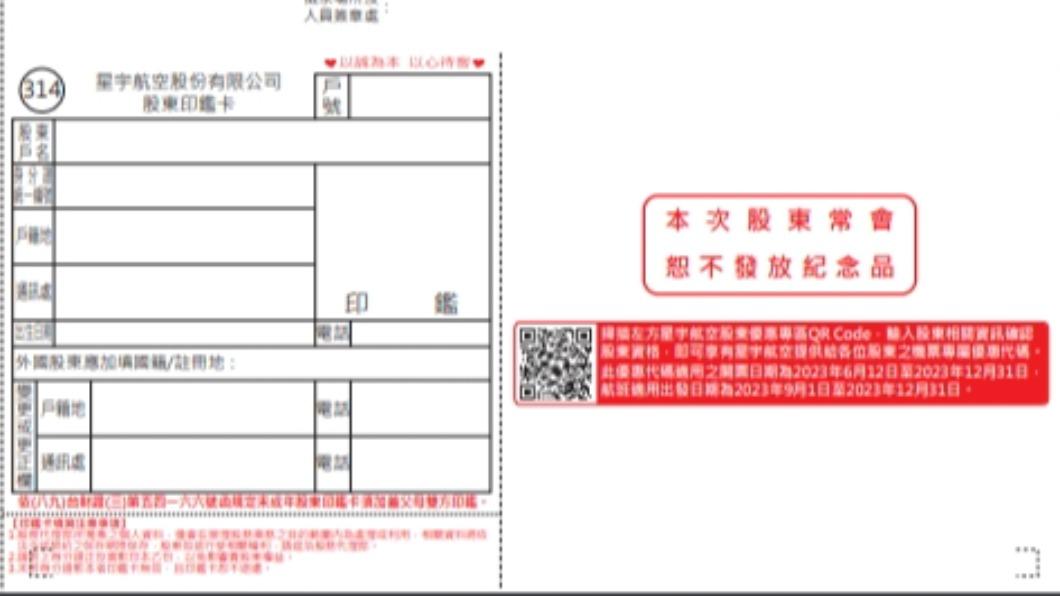 星宇航空的股東會通知書上,雖然說不發紀念品,但有QR code,股東可以申請優惠代碼,買機票折價1000元。(圖/台灣證券交易所)