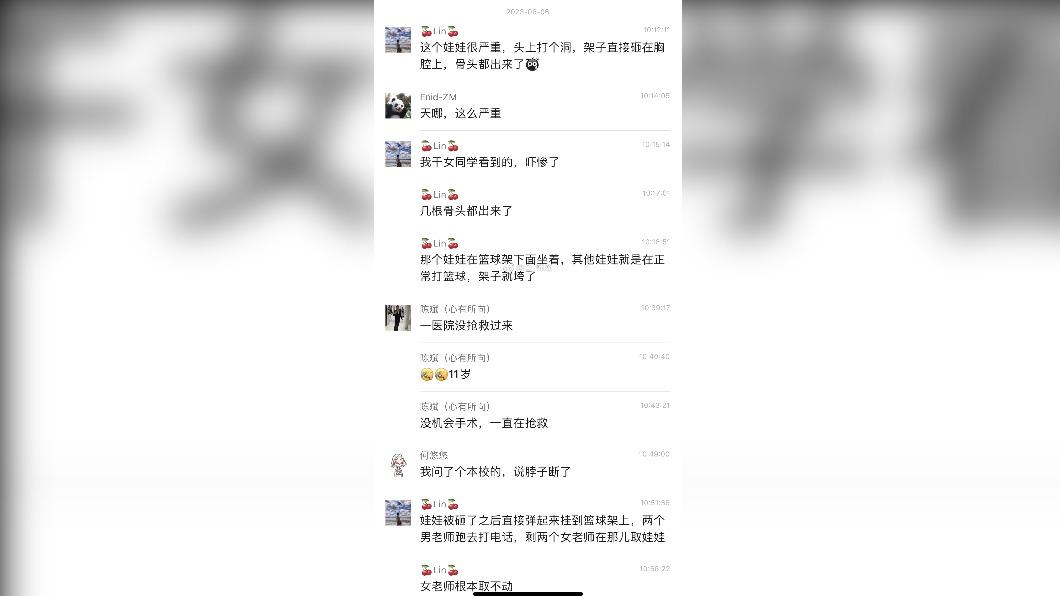 大陸四川小學發生籃球架倒塌壓死學童,微博流出相關家長的微信群對話。(圖/翻攝自微博)