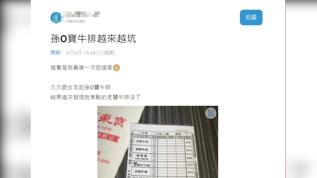 網友指出「老饕牛排」從菜單上消失。(圖/翻攝自Dcard)