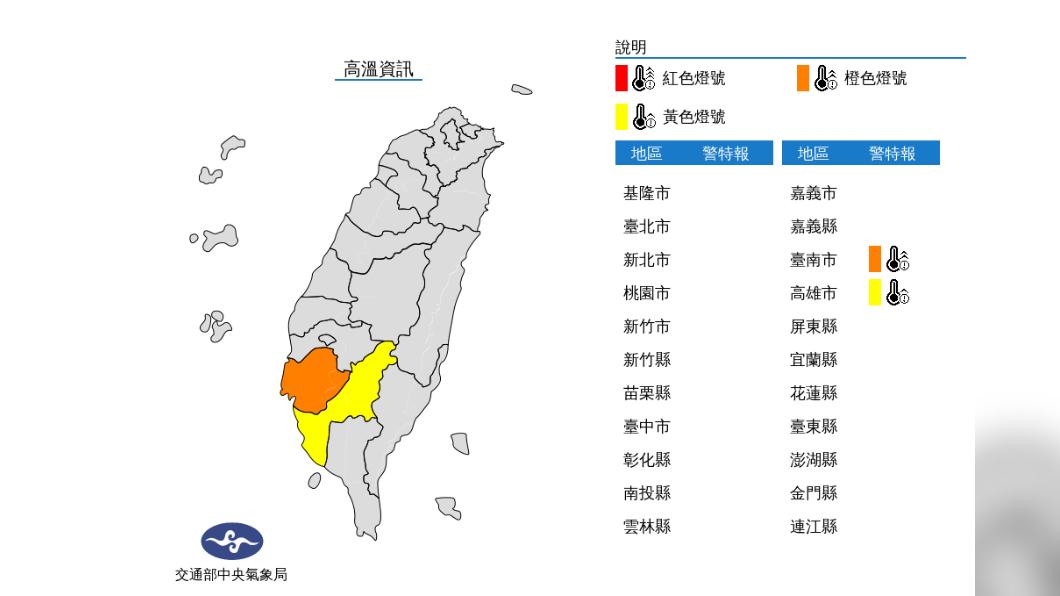 氣象局針對台南市、高雄市發布高溫特報。(圖/中央氣象局)