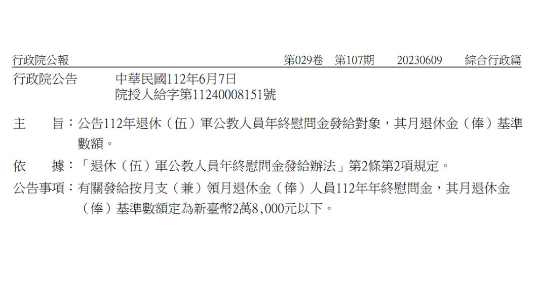 擴大照顧弱勢退休軍公教族群,行政院昨(9日)公告,2023年退休軍公教人員年終慰問金發給對象,其月退休金(俸)基準數額為2.8萬元以下。(示意圖/TVBS資料畫面)