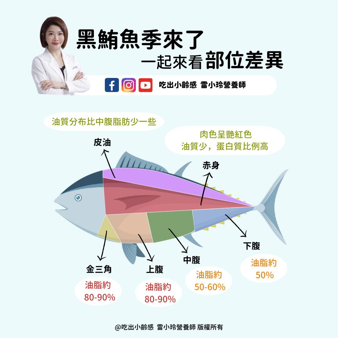 一圖看黑鮪魚的各部位差異。(圖/翻攝自吃出小齡感 - 雷小玲營養師臉書)