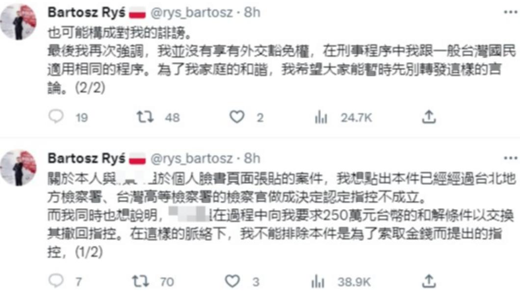 Bartosz Ryś發文聲明。(圖/翻攝自推特)
