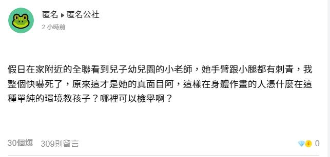 有網友不能接受幼兒園老師刺青。(圖/翻攝自臉書「匿名公社」)