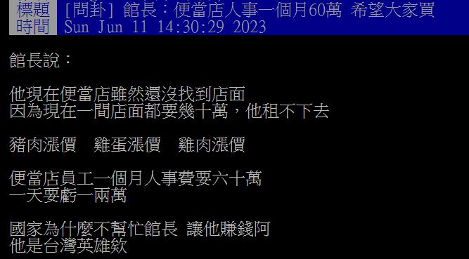 館長自曝便當店成本非常高,遭到不少網友留言吐槽。(圖/翻攝自PTT)