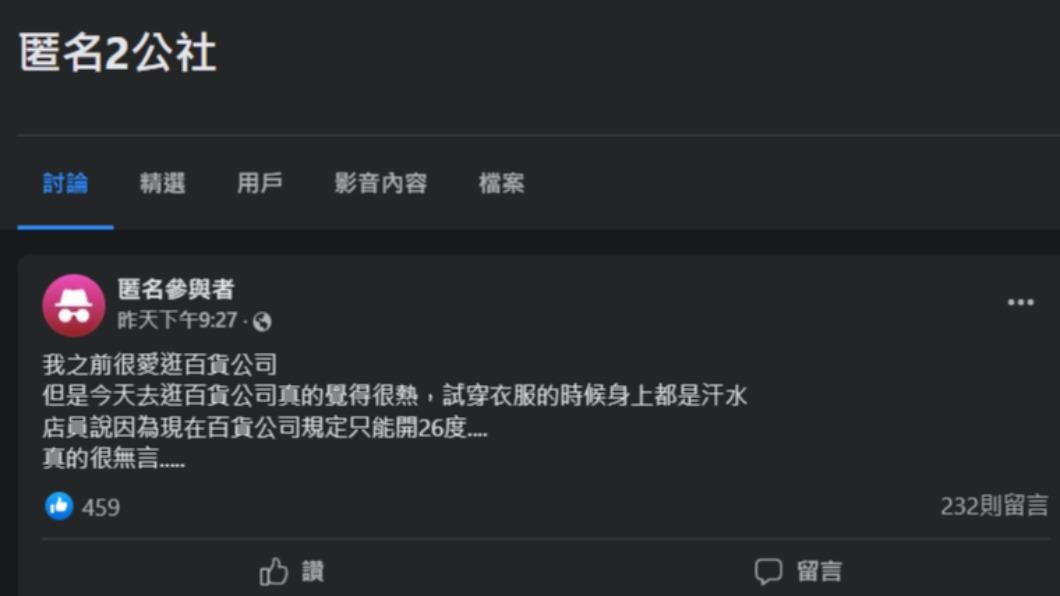 網友在臉書社團表示冷氣開26度很熱。（圖／翻攝自匿名2公社臉書）