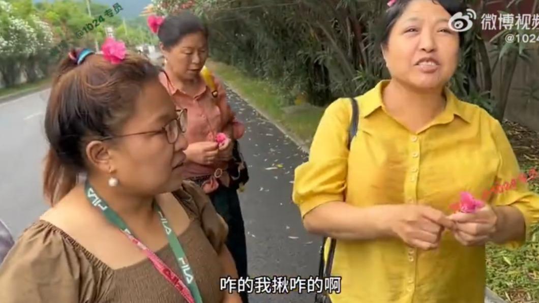 大媽遭管理員制止採花後,卻仍不停手。(翻攝自「1024專員」微博)