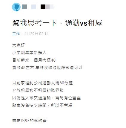 身為畢業新鮮人的原PO，對於是否該租屋感到猶豫不決。（圖／翻攝自Dcard）