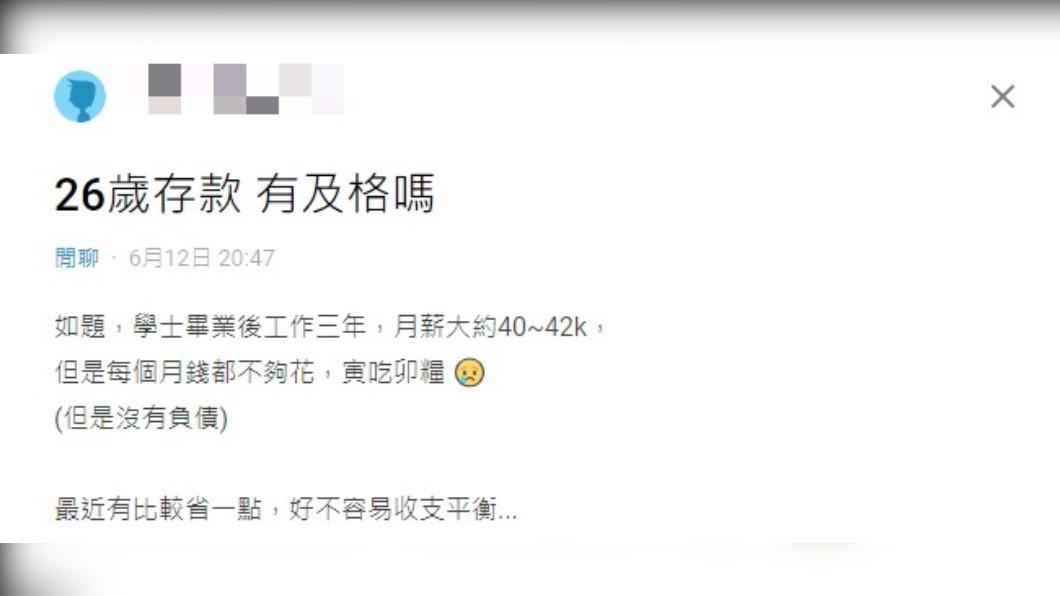 網友表示,儘管月領40K至42K還是不夠花。(圖/翻攝自Dcard)