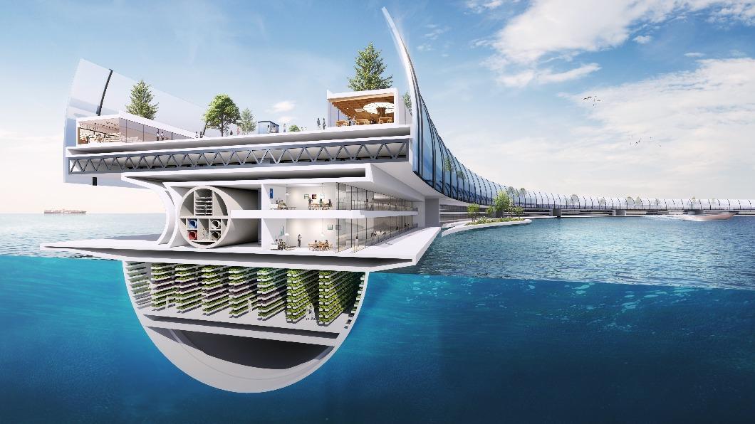 日本海上城市「Dogen City」建築分層規劃的剖面設計圖。(圖/翻攝自N-ARK官網)
