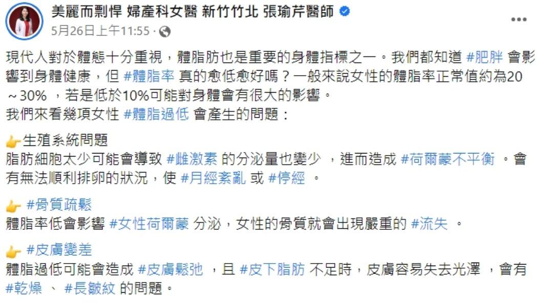 醫師發文。（圖／翻攝自美麗而剽悍 婦產科女醫 新竹竹北 張瑜芹醫師臉書）