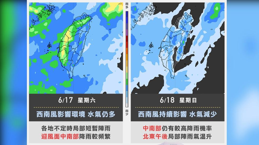 週末全台各地仍有雨勢。(圖/翻攝自臉書 天氣風險 WeatherRisk)