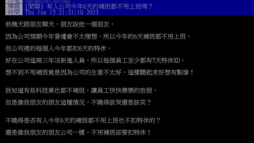 網友PTT炸鍋討論，有公司週六不用補班的嗎?（圖／翻攝自PTT）
