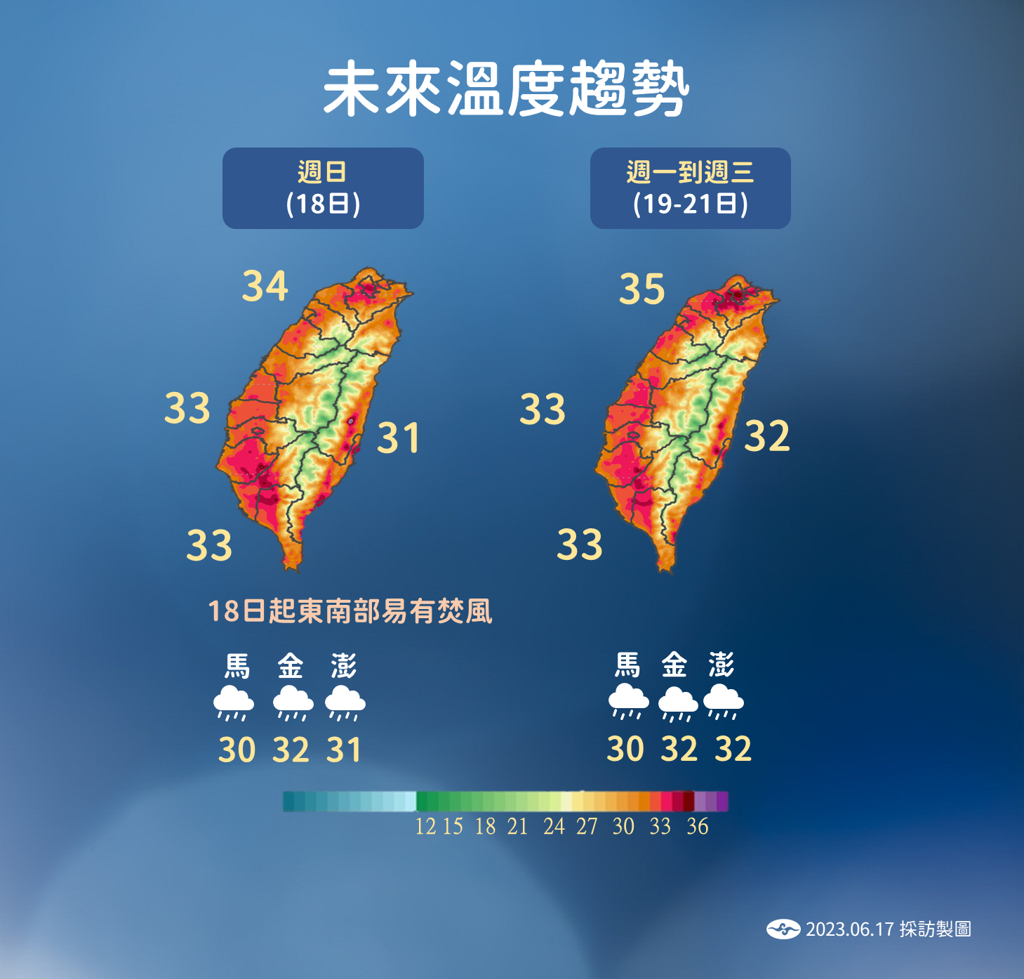 未來一週天氣穩定高溫炎熱，東南部注意焚風。（圖／中央氣象局）