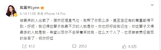熊黛林6月14日發文遭疑豪門婚姻觸礁。(圖/翻攝自熊黛林微博)