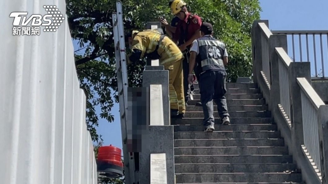 消防隊用鋁梯將死者放下。(圖/民眾提供)