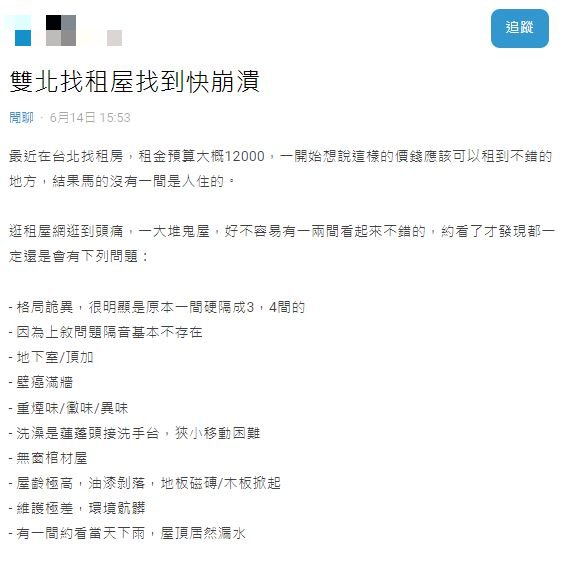 原PO發文抱怨,他準備了1.2萬元的月租預算,結果卻難以在雙北找到合適租屋處。(圖/翻攝自Dcard)