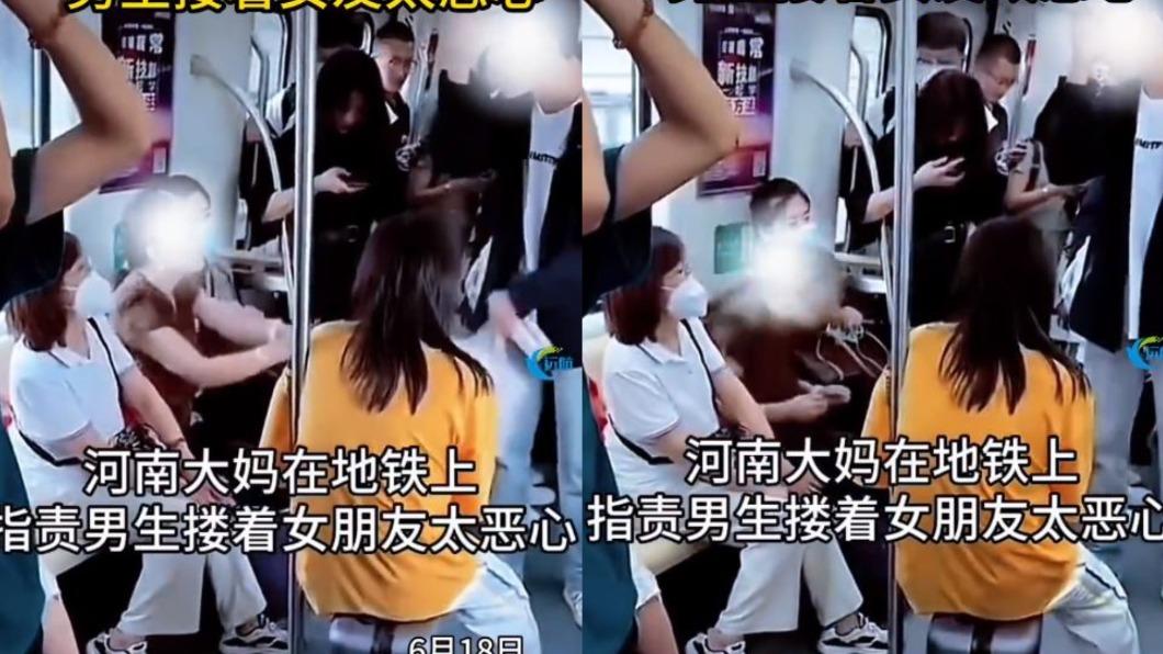 河南一對情侶因在地鐵上抱抱放閃,結果被一旁的大媽嗆聲。(圖/翻攝自微博)