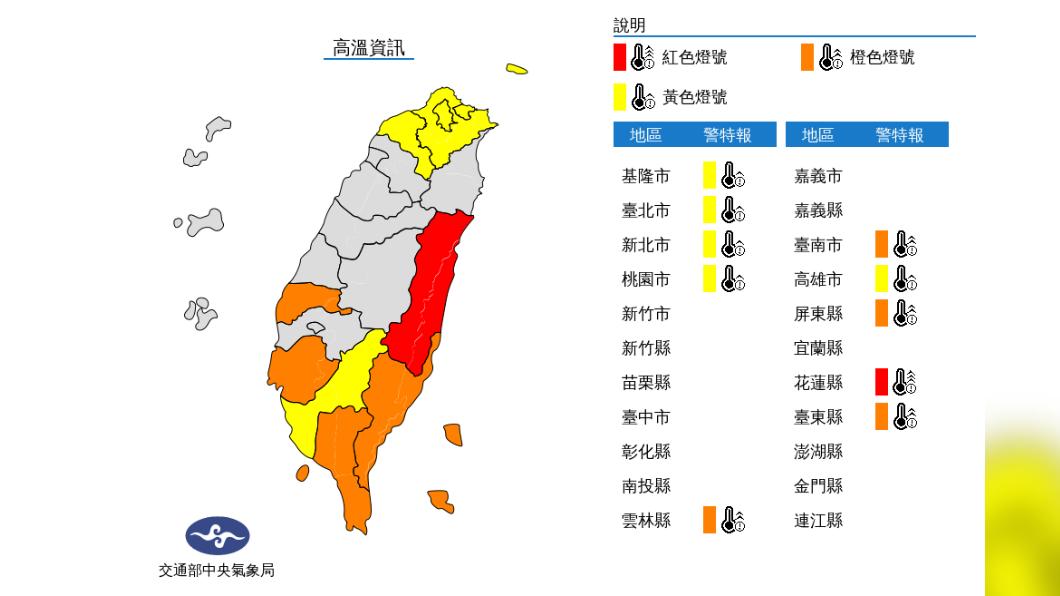 氣象局也針對10縣市發布高溫資訊提醒。(圖/中央氣象局)