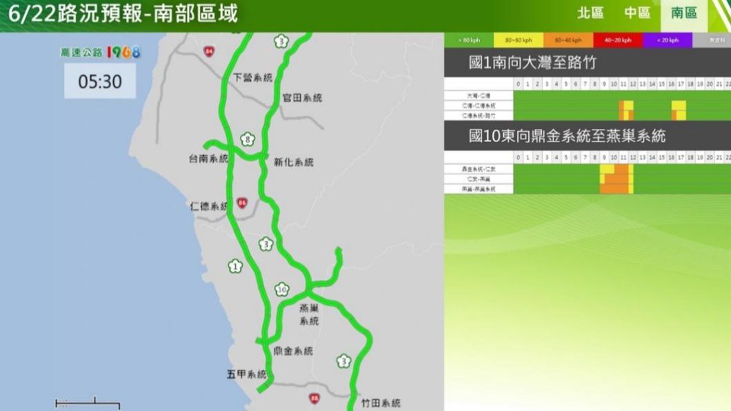 南部區域6/22路況預報。(圖/高公局提供)