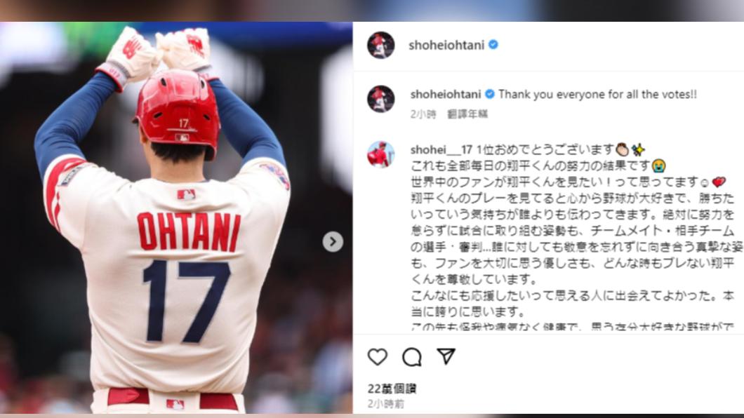 大谷翔平也透過IG感謝投票的球迷。(圖/翻攝自IG)