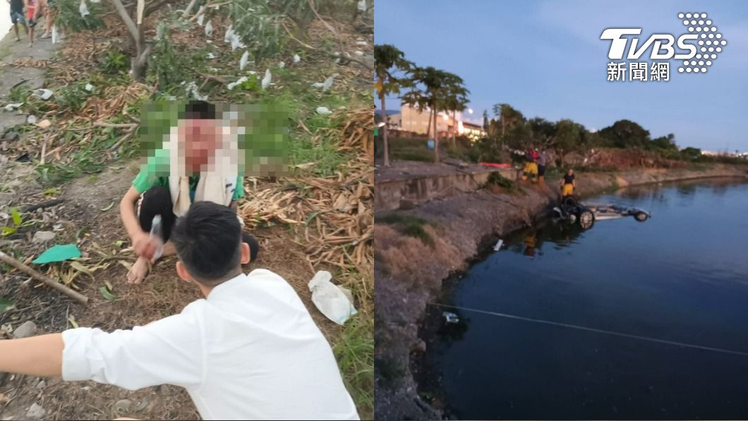 轎車側滑險撞加油站 車泡魚塭、駕駛拋飛滿臉血