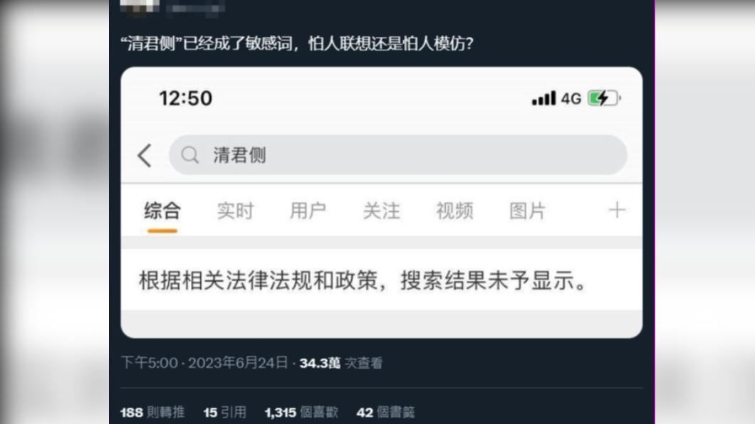 網友在透露在微博無法搜尋「清君側」相關內容。(圖/翻攝自推特)