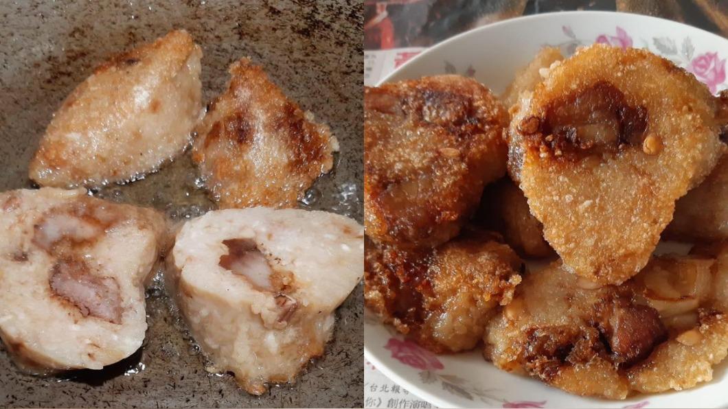 原PO把剩下的一些肉粽切開，全部下鍋煎。（圖 / 翻攝自爆廢公社）