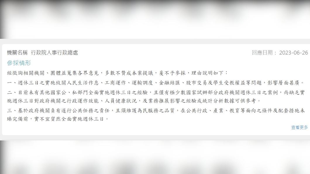行政院人事行政總處回應週休3日提案。（圖／翻攝自公共政策網路參與平台網站）