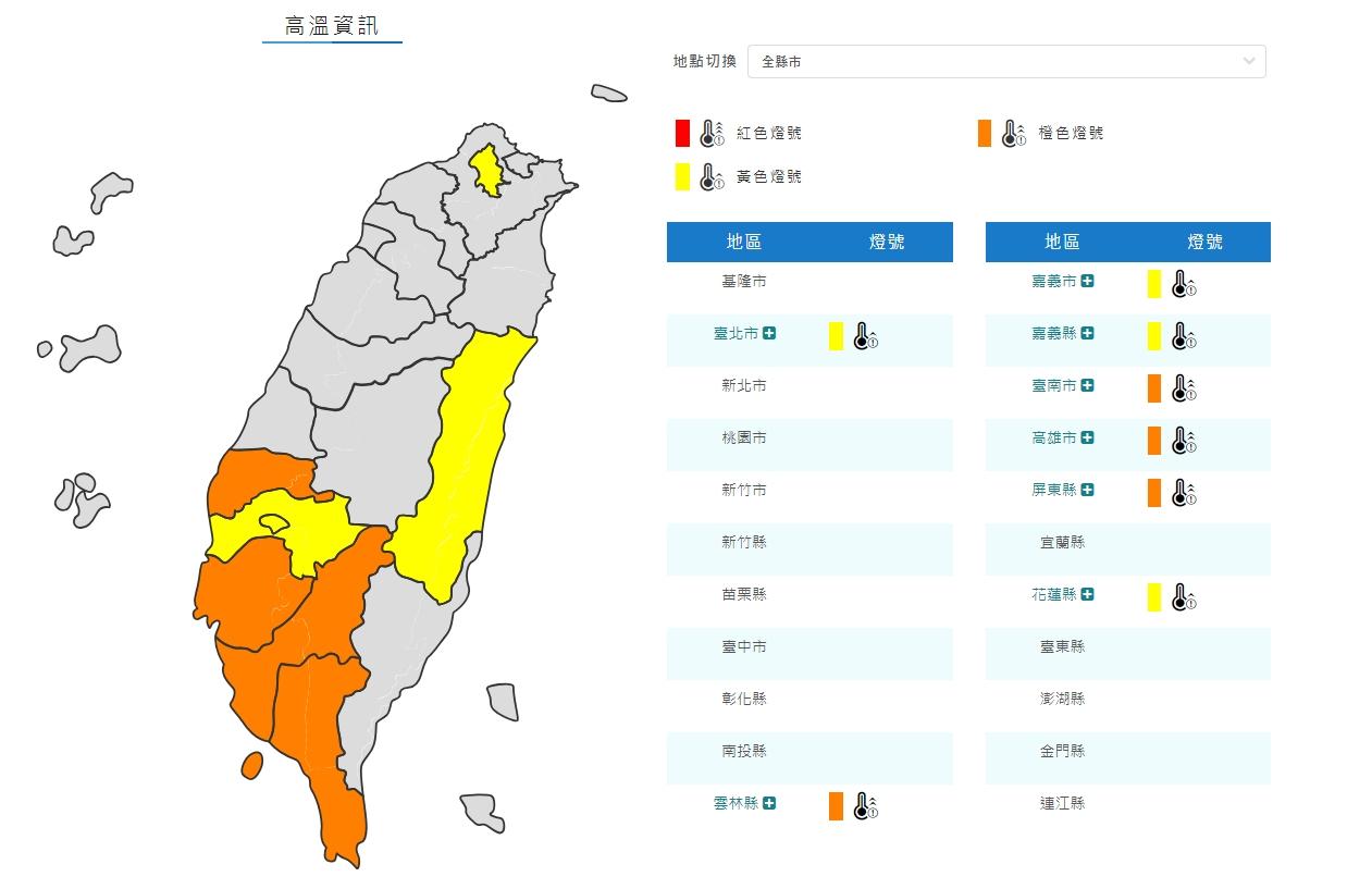4縣市亮起高溫橘色燈號。（圖／翻攝自氣象局）