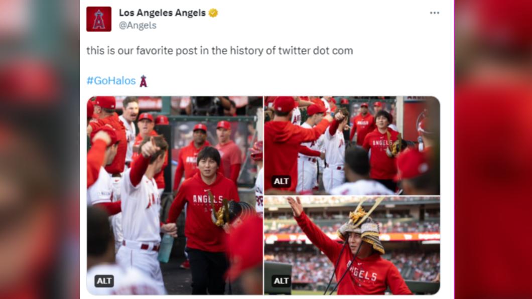 天使隊官方推特也分享了水原一平戴頭盔的照片。(圖/翻攝自推特)