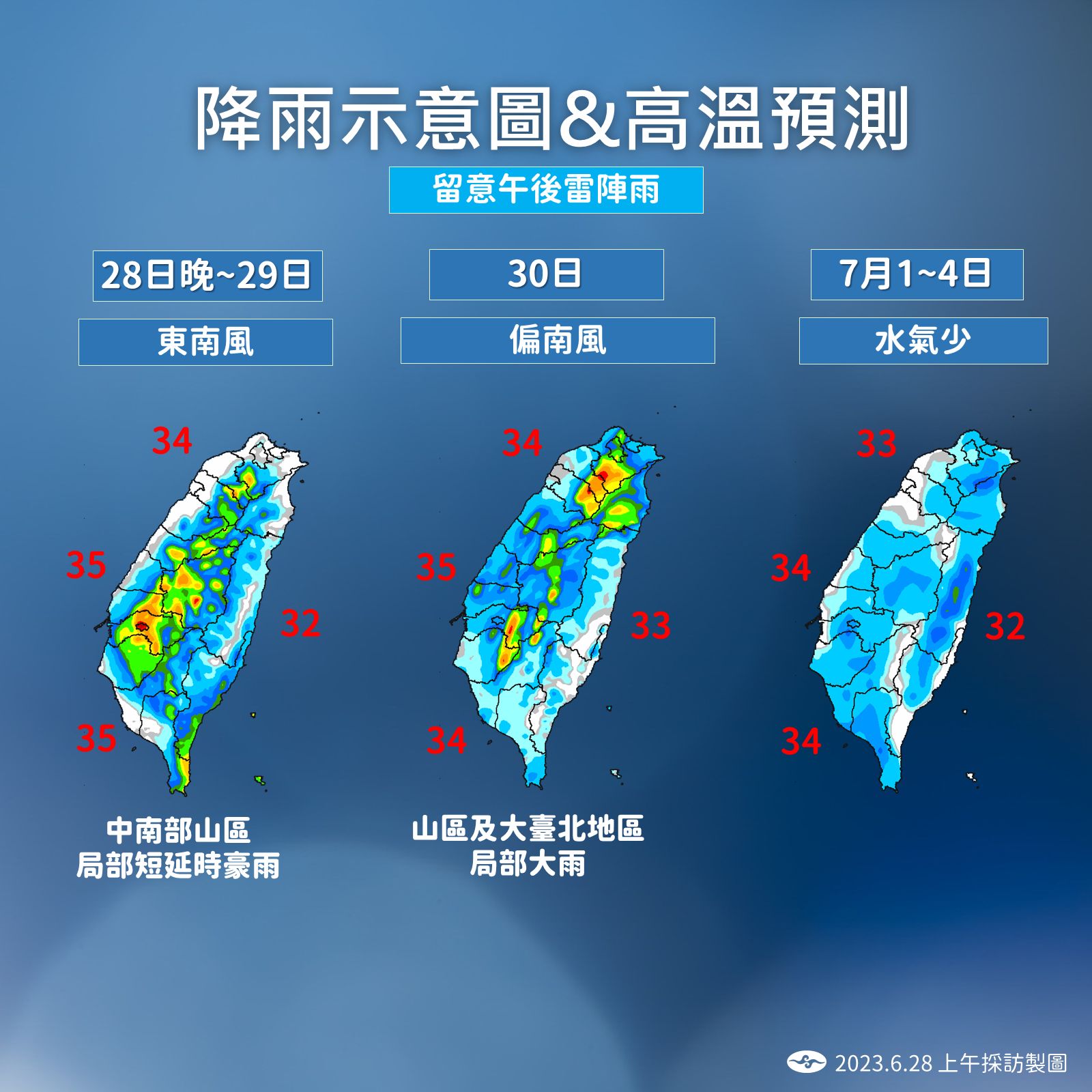 未來一週降雨與高溫預測。(圖/中央氣象局)