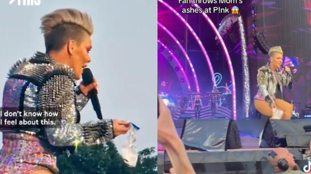 P!NK鄭重地將袋子擺放在音響前方,繼續演出。(圖/達志影像美聯社)