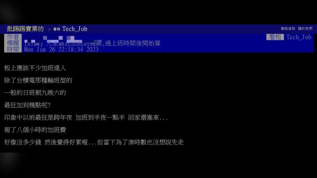 有一名男子好奇大家的加班紀錄,並在PTT發文詢問。(圖 / 翻攝自PTT)