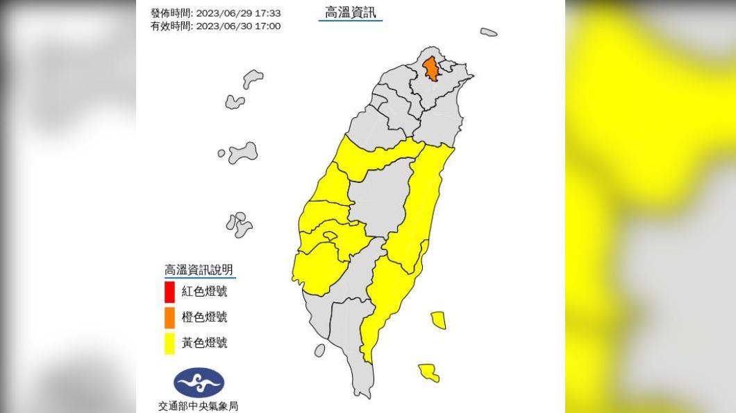 明天台灣多起地區將亮起高溫燈號。(圖/翻攝自中央氣象局)