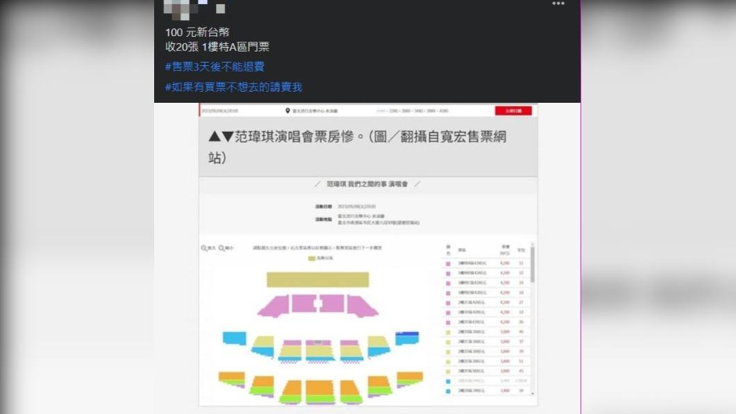 原PO表示「100元新台幣收20張 1樓特A區門票」。(圖 / 翻攝自「爆廢公社公開版」臉書)