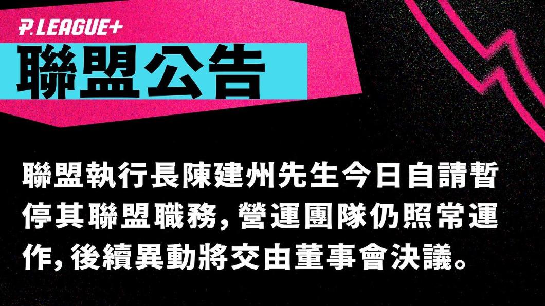 P. LEAGUE+今日發出公告,宣布陳建州自請暫停執行長職務。(圖/翻攝自P.LEAGUE+臉書)