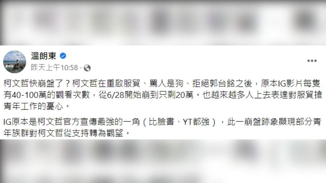 溫朗東指出:「部分青年族群對柯文哲從支持轉為觀望」。(圖/翻攝自溫朗東臉書)