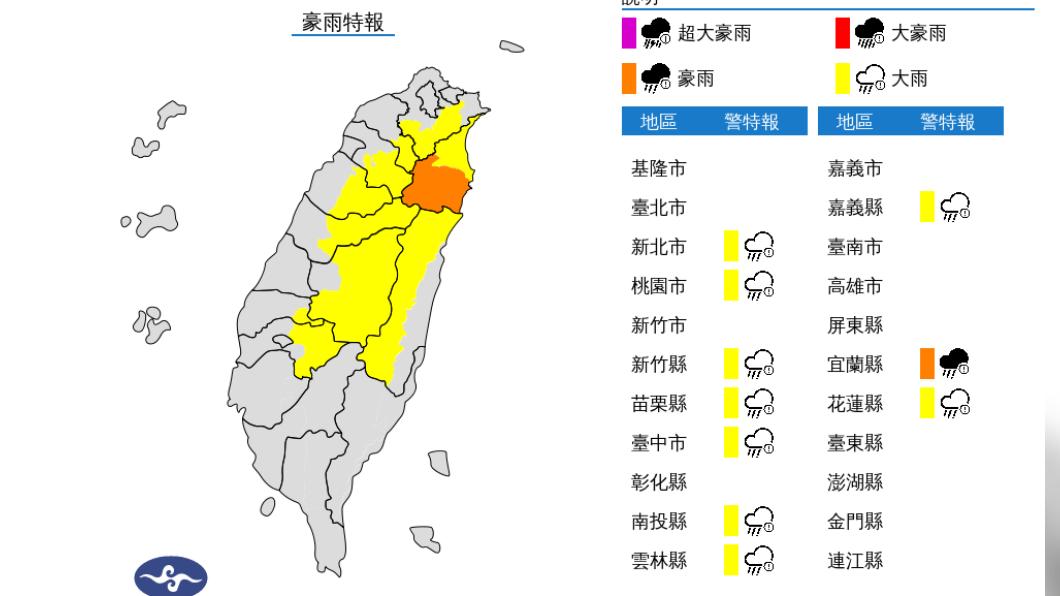 快訊／下班別忘了傘！宜蘭雨彈升級豪雨　還有10大雨特報